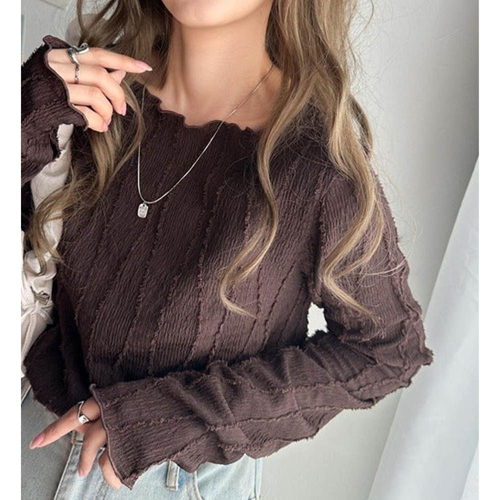 奢華羽毛感緹花長袖上衣-可可