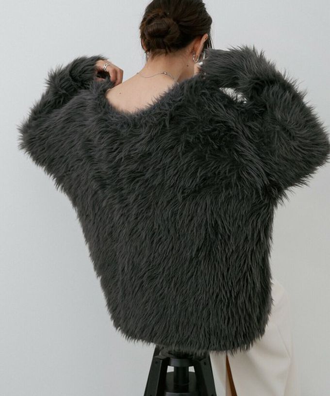 日本 Bab - 奢華毛海愛心扣前後2way開襟衫-短版-炭灰