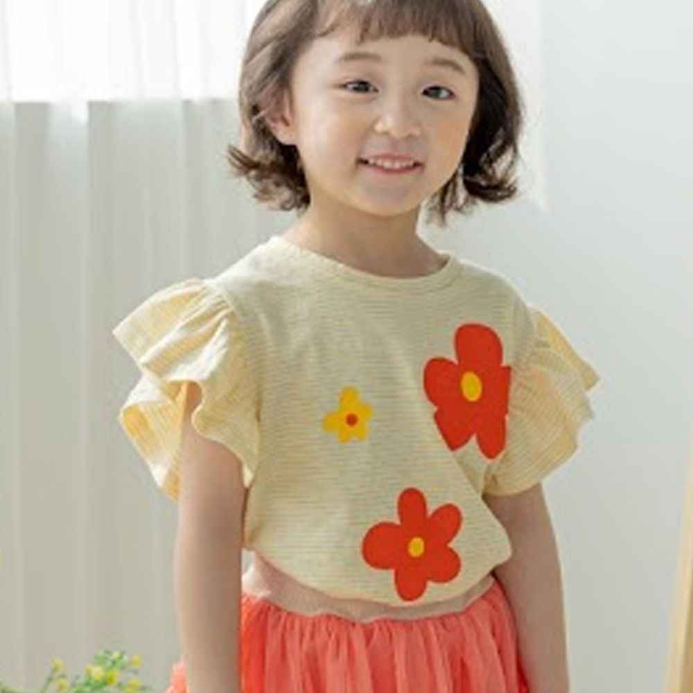 韓國 Orange Mom - 三朵花花條紋荷葉袖上衣-鵝黃