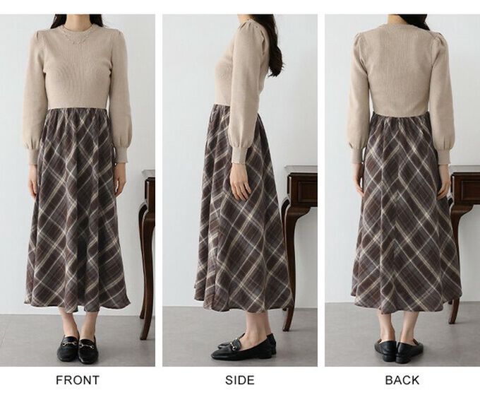 日本 BLUE EAST - 美型修身小澎袖針織長袖洋裝-格紋拼接-海軍藍