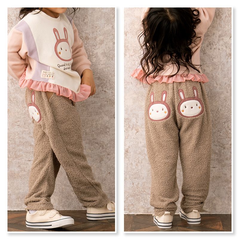 日本 ZOOLAND - 泰迪熊毛絨保暖長褲-兔子屁屁-桃粉