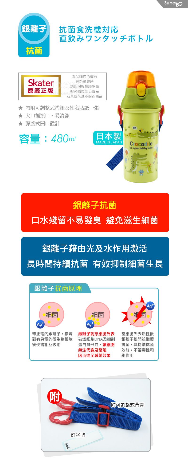日本 SKATER - 銀離子直飲水壺(480ml)-小鱷魚