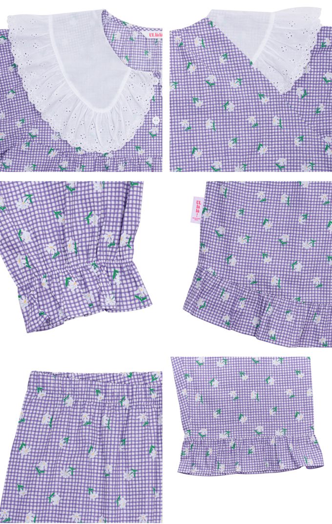 韓國 ULLALA - 細格花布裝飾長袖睡衣套裝-(兩件式)-紫 (FREE)