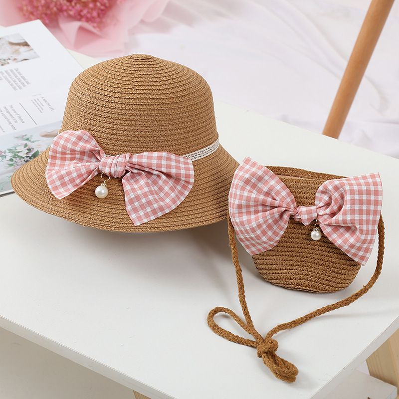 日系沙灘蝴蝶結草帽/遮陽帽-附小背包-卡其色 (建議2-8歲)