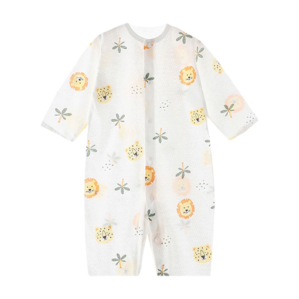 純棉長袖包屁衣 薄棉透氣前開扣連身衣-獅子花豹