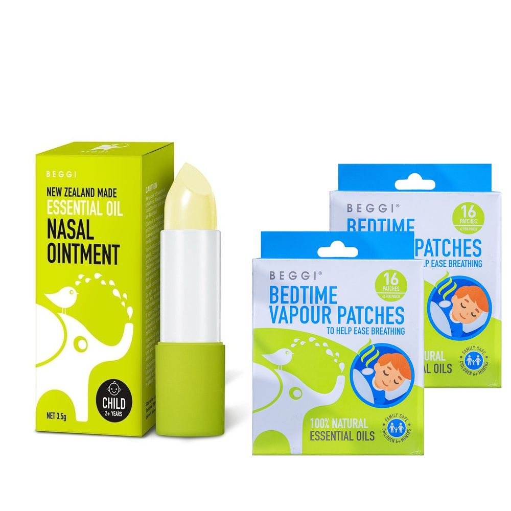 紐西蘭 BEGGI - 護鼻膏-兒童+通鼻貼2盒-超值優惠組-鼻棒3.5g+鼻貼16片*2