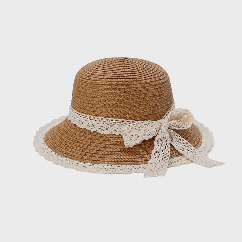 兒童透氣遮陽帽/編織草帽-蕾絲蝴蝶結-米色 (48-50CM)