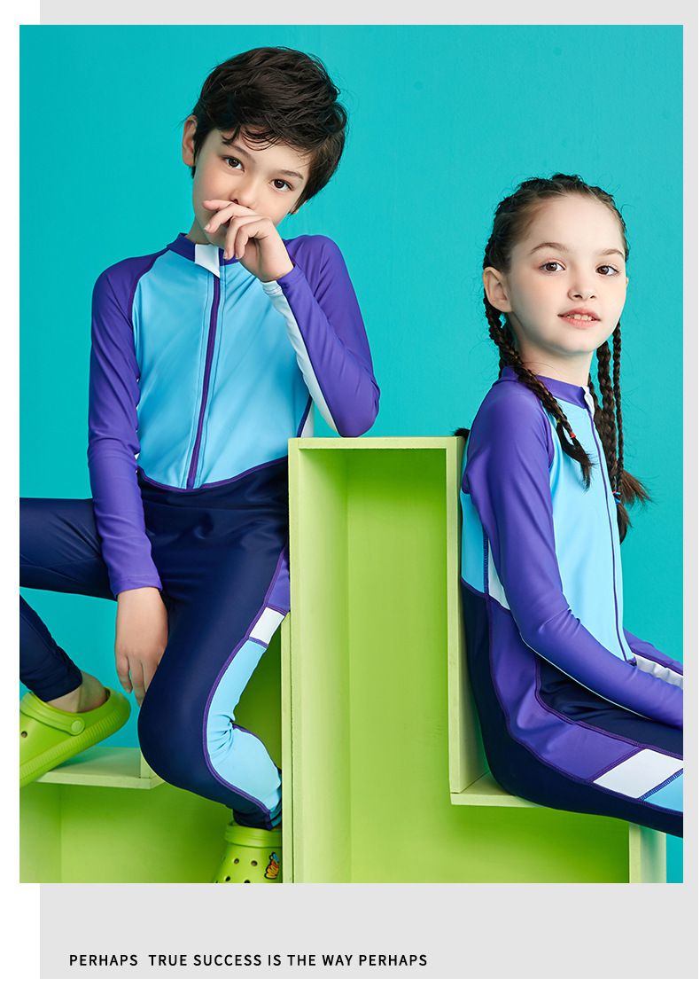 男寶運動風拼色連身長袖泳衣-深藍+淺藍+紫