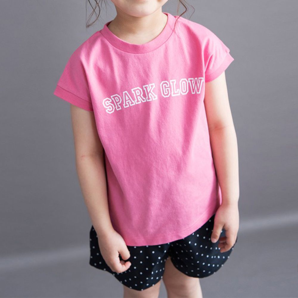 100%棉 簡約風圓領法式袖上衣-閃亮英文-粉紅