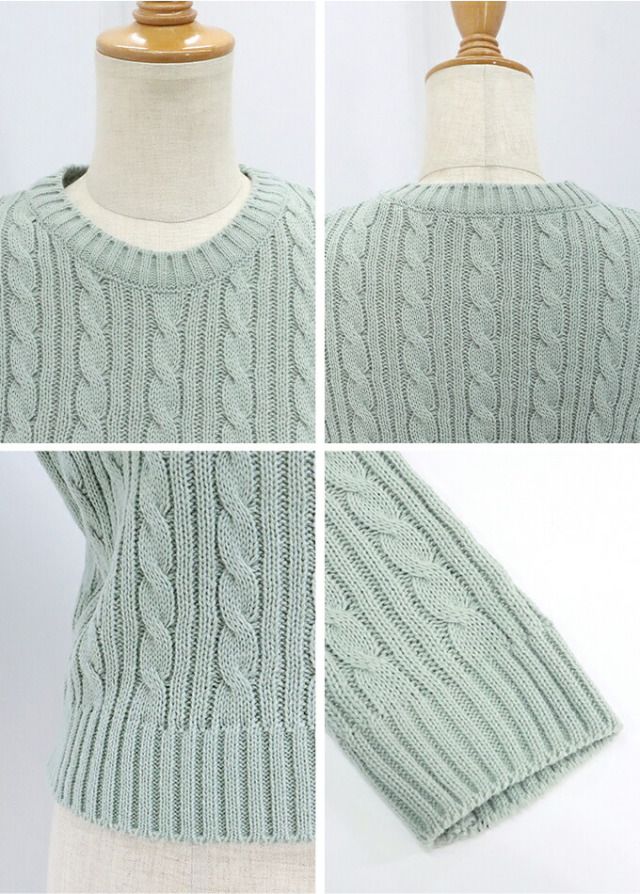 日本 BLUE EAST - 經典圓領麻花編針織上衣-灰綠