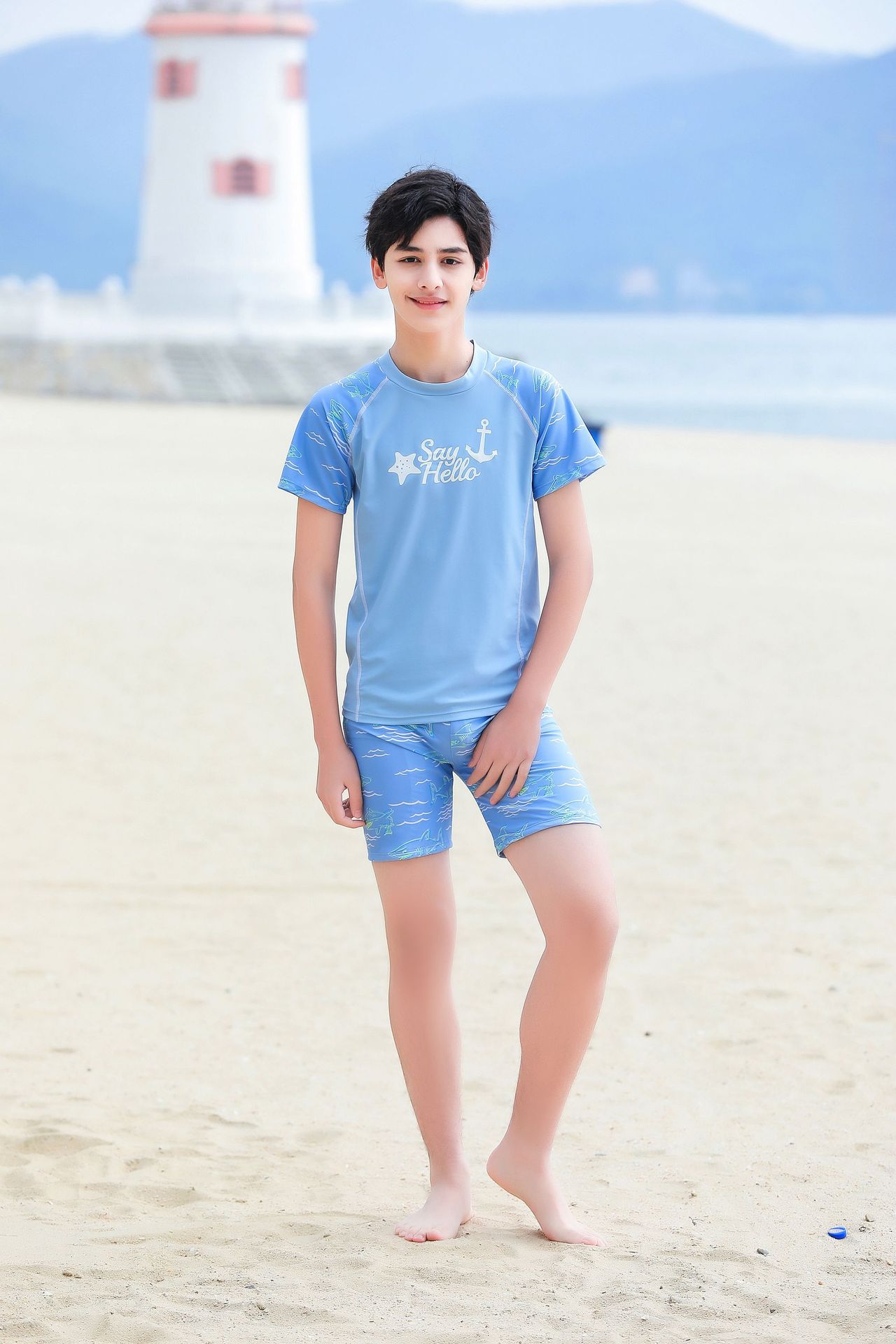 大童男孩短袖泳衣套裝(二件組)-星星船錨-淺藍色-泳衣、泳褲