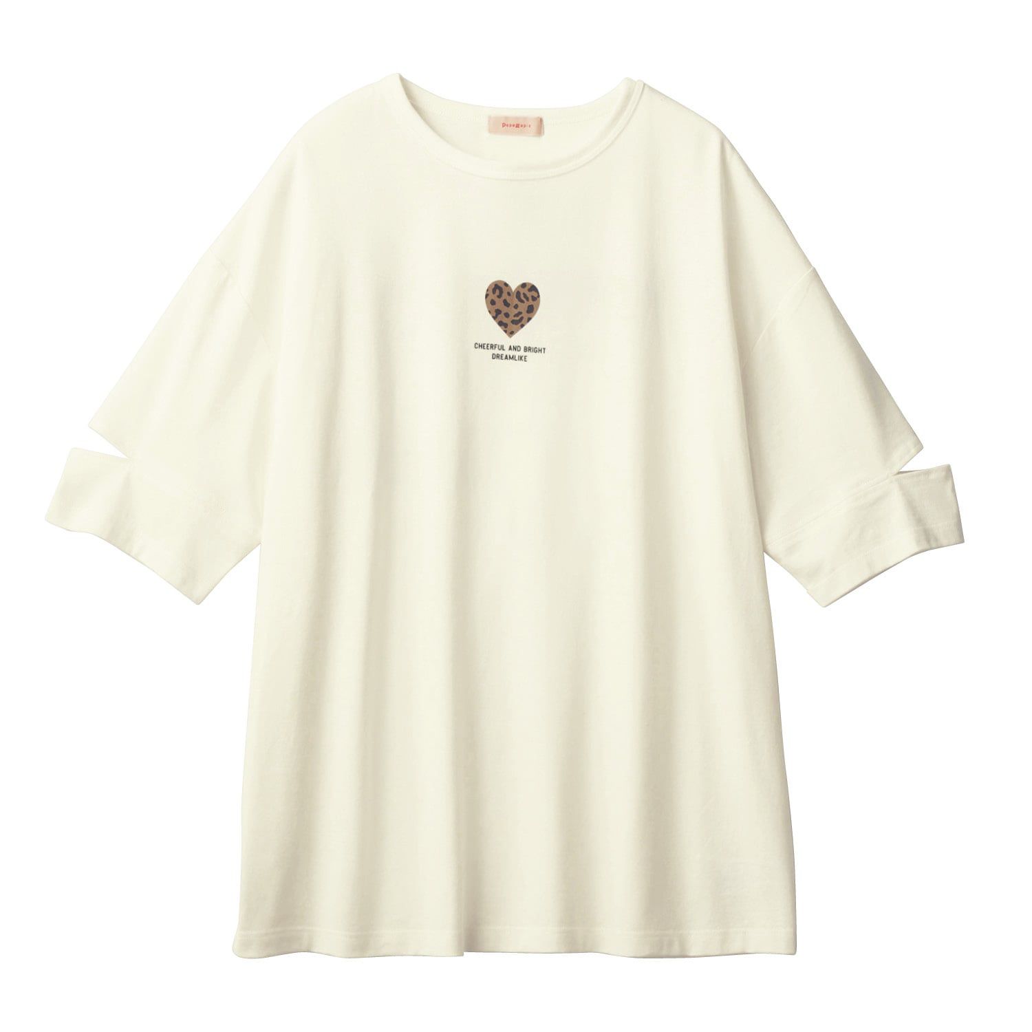 日本 Papel lapiz - 袖子開叉愛心印花寬鬆短袖上衣-米白