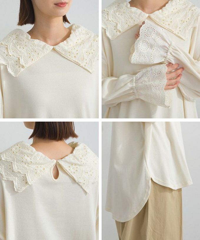 日本 Lupilien - 精緻蕾絲領落肩喇叭袖上衣-黑灰條紋