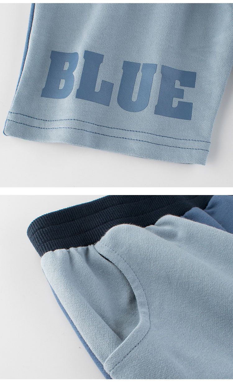 純棉腰鬆緊休閒五分褲-拼色款-淺藍+海軍藍