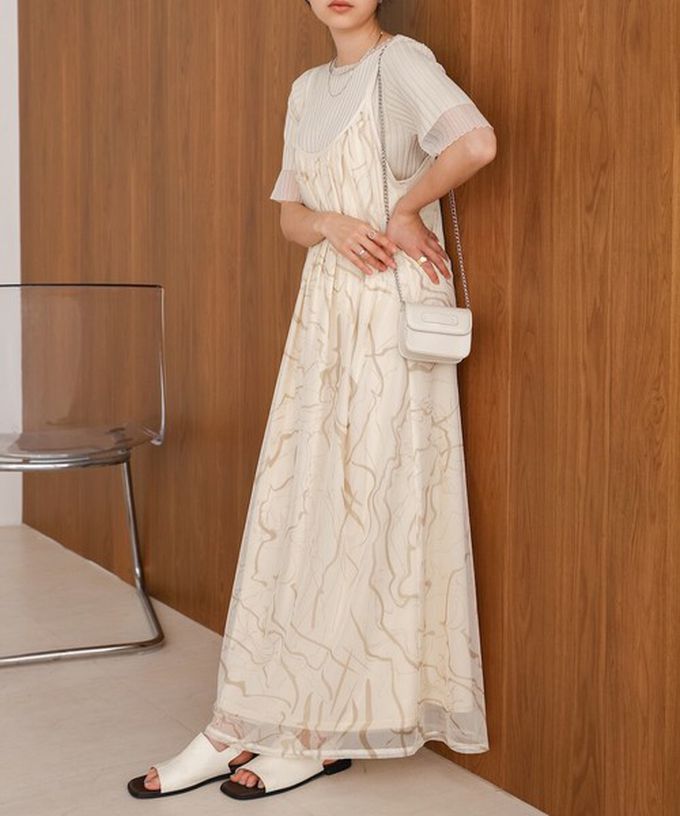 日本 Bab - 大理石印花雙層薄紗細肩帶洋裝-象牙白 (Ｍ)
