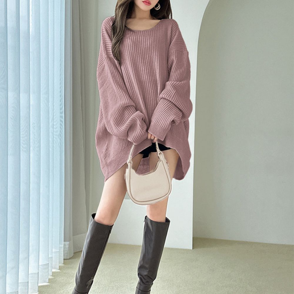 熱銷款 大圓領羅紋修身針織上衣-灰粉 (F)