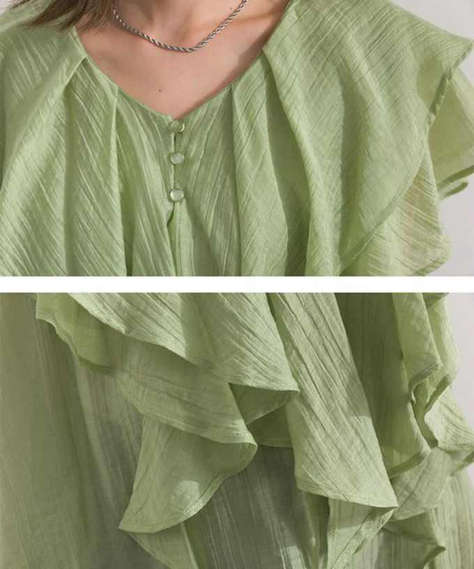 日本 ELENCARE DUE - 浪漫楊柳多層寬荷葉無袖上衣-綠