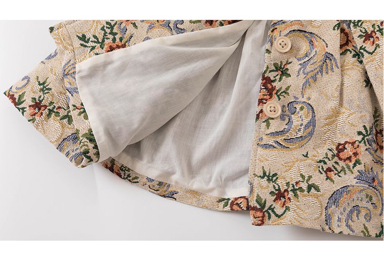 復古油畫風長版外套-花花-奶咖啡色