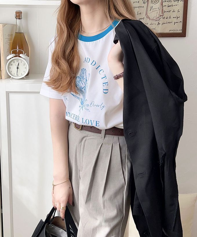 日本 Classical Elf - 法式休閒花束滾邊短袖上衣-粉紅