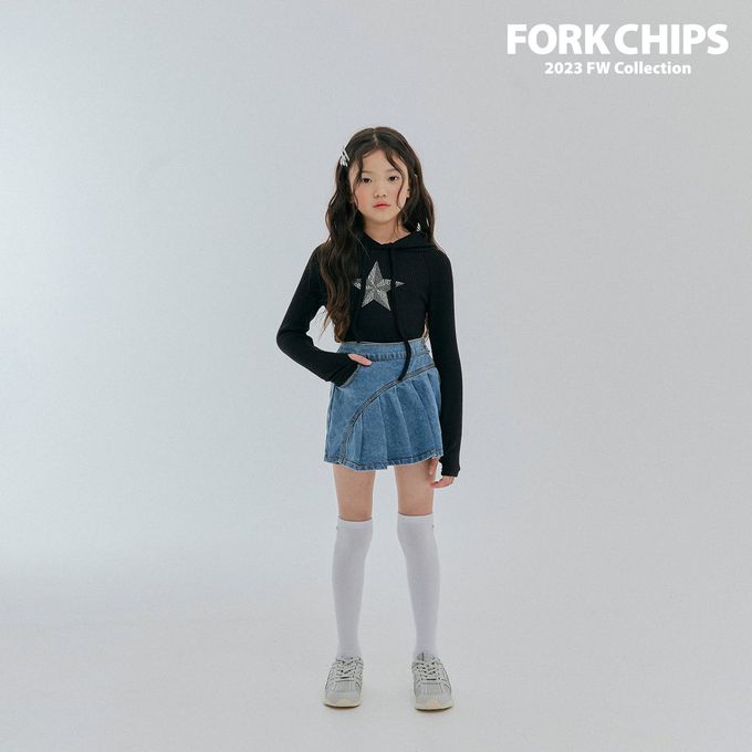 韓國 FORK CHIPS - 鬆緊腰不對稱百褶丹寧褲裙