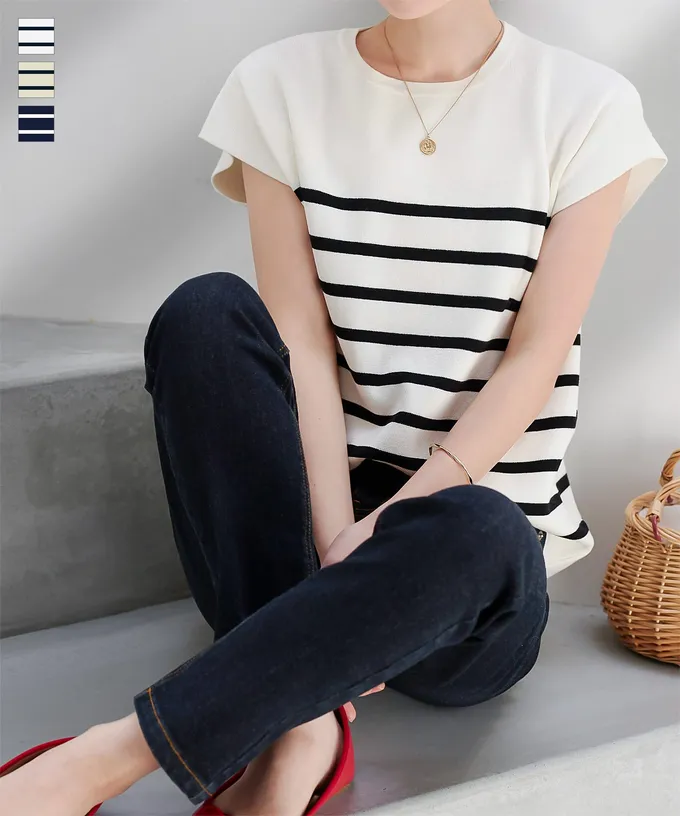 日本 Kobe Lettuce - 立領顯瘦剪裁法式袖上衣-奶油x黑條紋