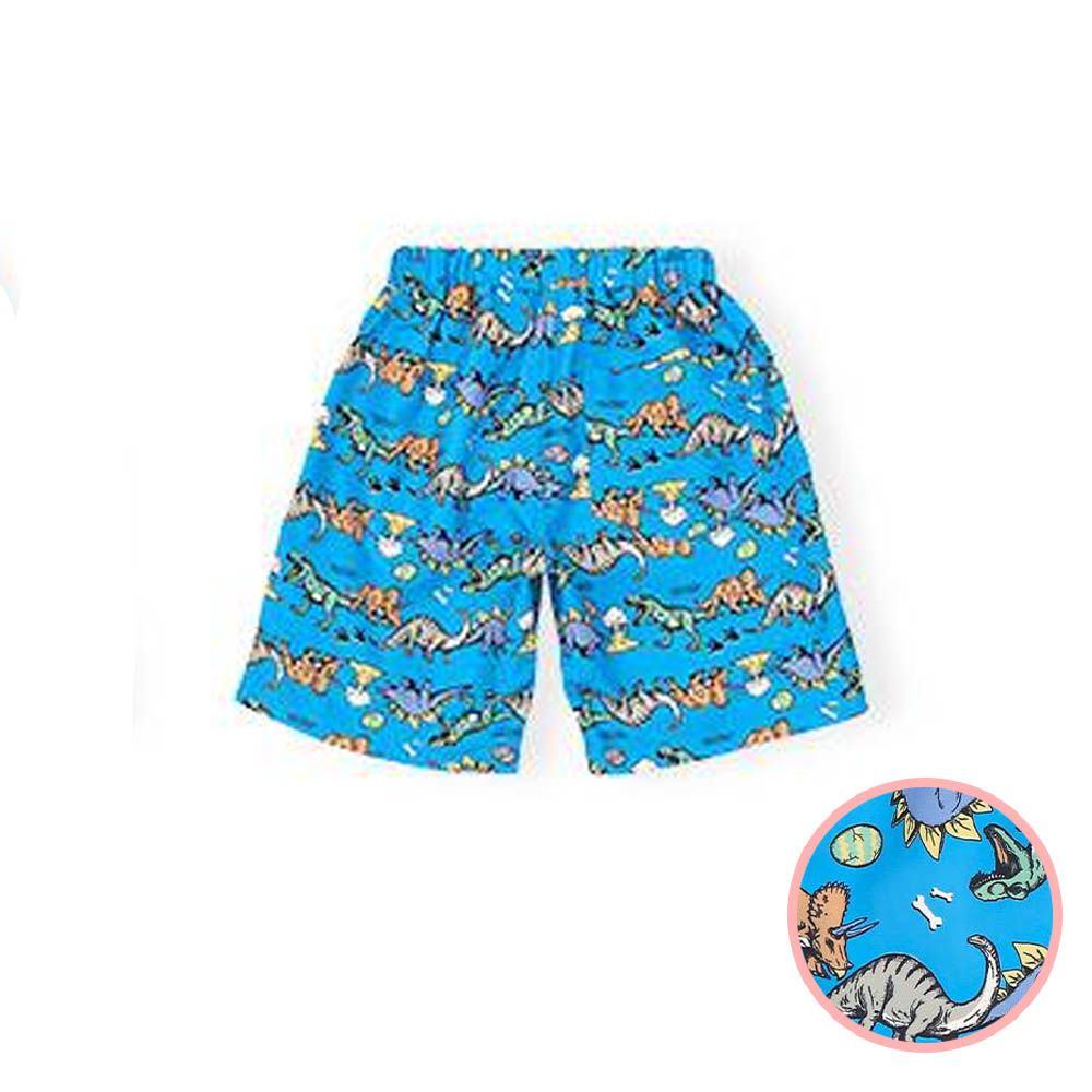 抗UV 童趣印花海灘褲／泳褲(含內褲)-排隊恐龍-水藍