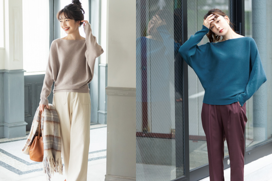 日本 COCA - 顯瘦船型領針織長袖上衣-深藍