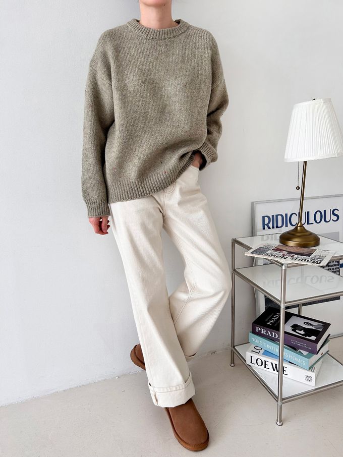 韓國女裝連線 - 日常簡約混紡長袖針織上衣-灰綠 (FREE)