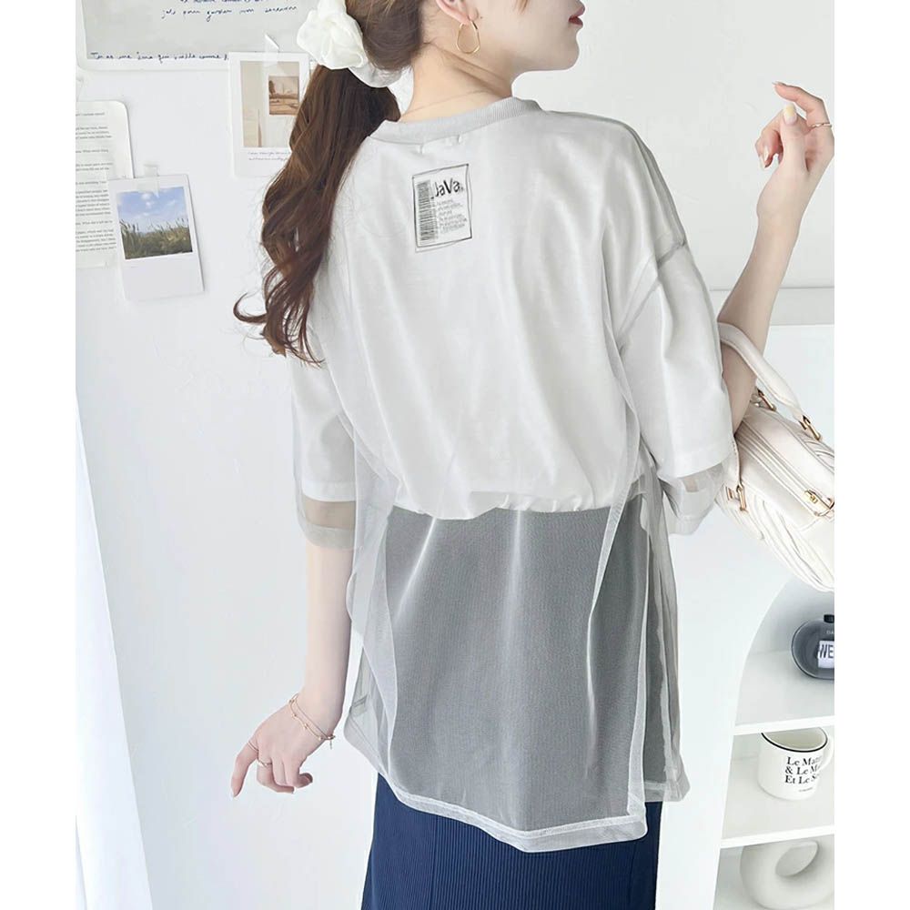 Java 薄紗層次酷甜五分袖上衣-白x灰紗