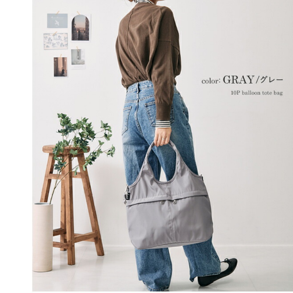 休閒風 10口袋大容量肩背包/媽媽包-石英灰