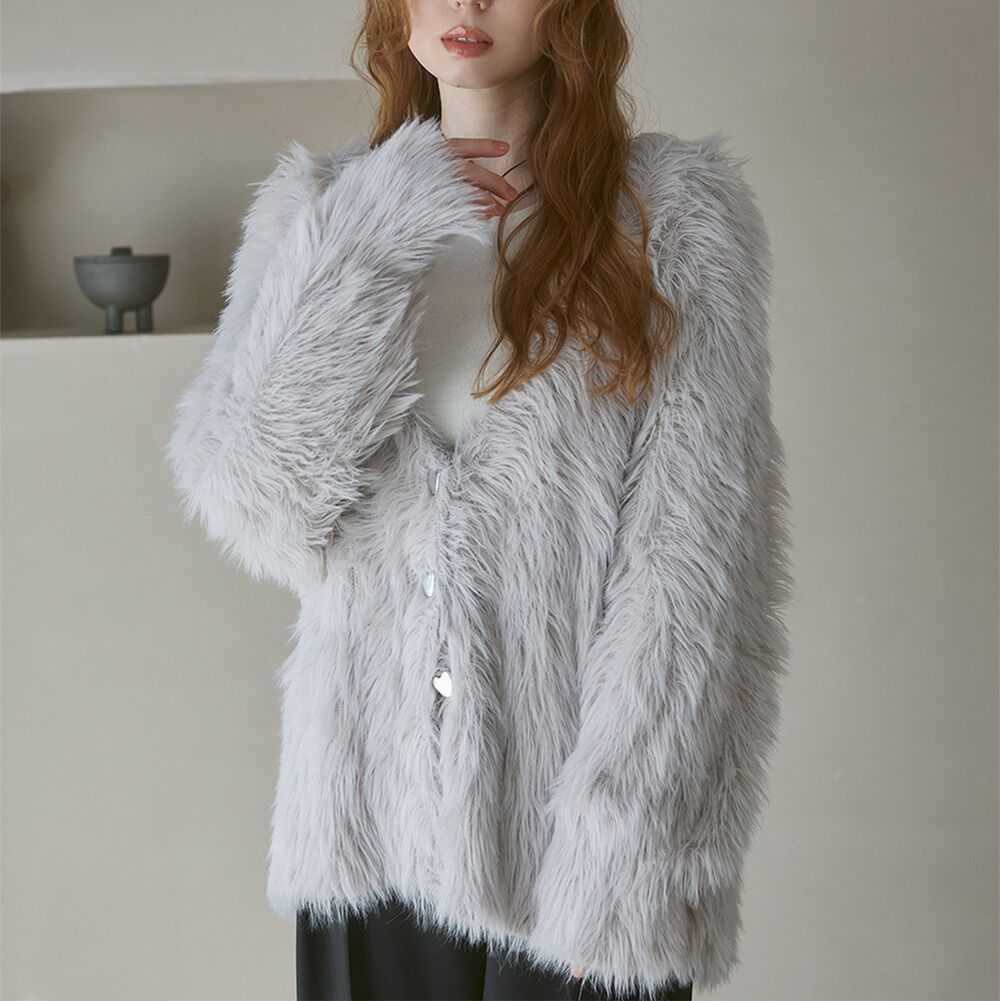 奢華毛海愛心扣前後2way開襟衫-長版-淺灰