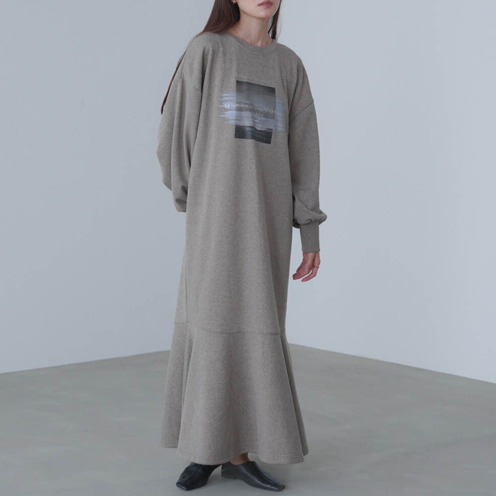 前後2way魚尾下擺休閒印花長袖洋裝-灰棕