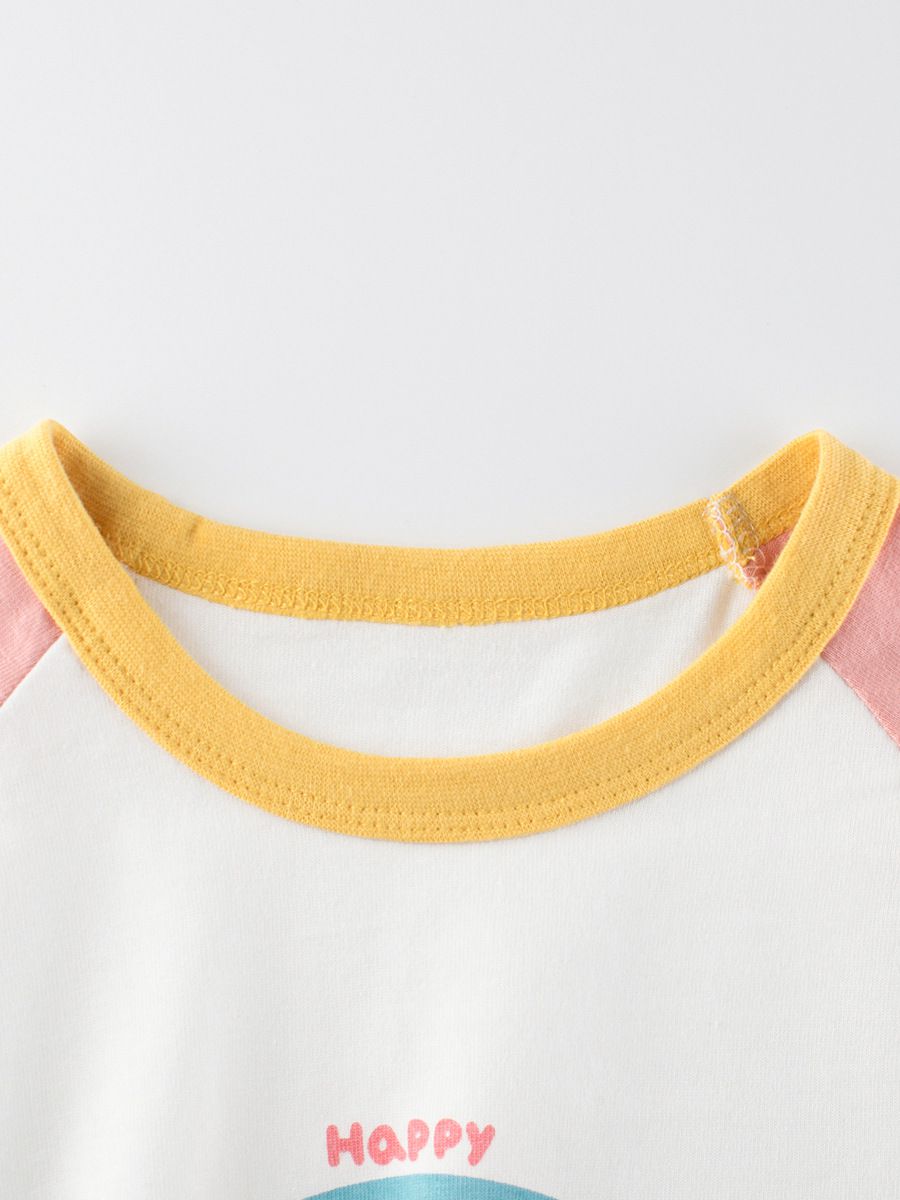 純棉圓領薄長袖上衣-熊熊與彩虹鞦韆-米白+粉