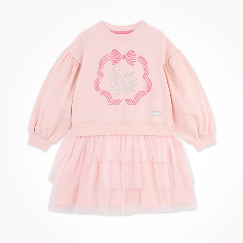 甜美蝴蝶結印拼接層次網紗長袖洋裝-粉