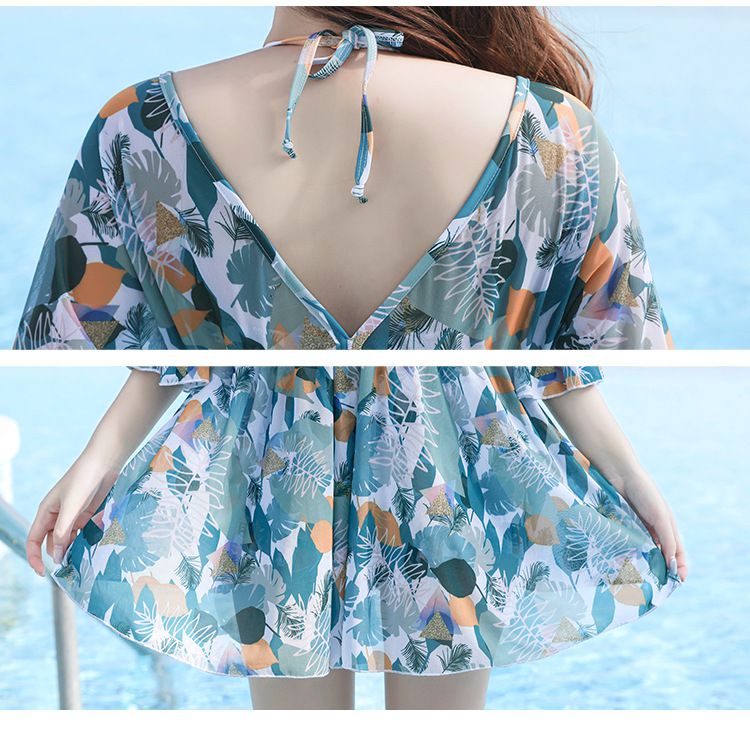 修身顯瘦遮肉連身裙泳衣(三件組)-滿滿樹葉-綠+白