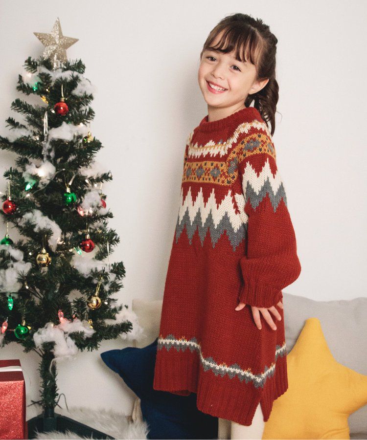 日本 BREEZE - 歐風柔軟針織洋裝-球心柄-聖誕紅