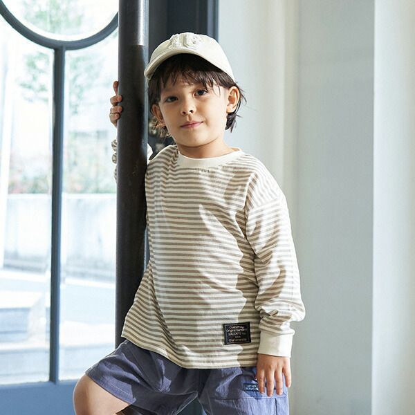 日本 b-ROOM - 100%棉 下擺品牌標籤條紋長袖上衣-黑