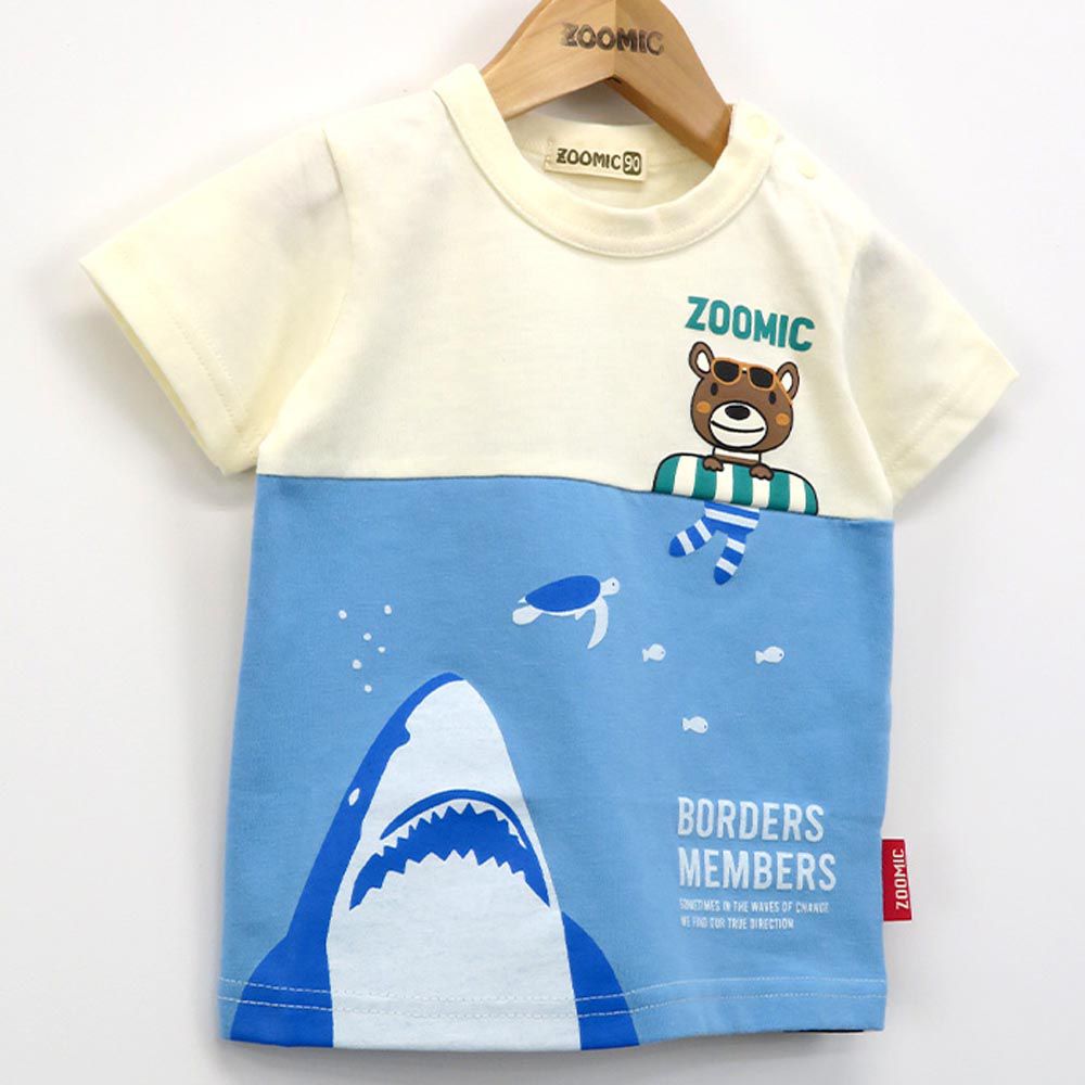 日本 ZOOLAND - 海洋風童趣印花短袖上衣-鯊魚來了-米白