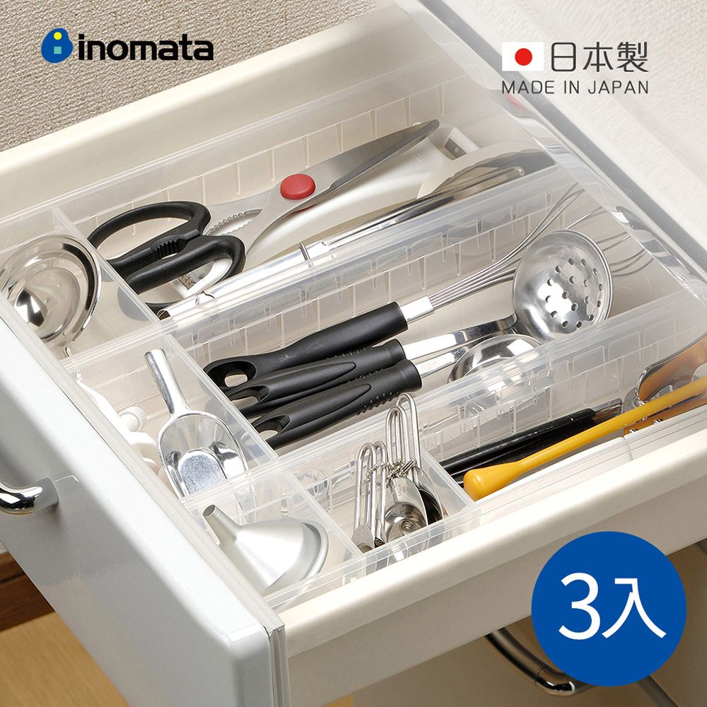 日本 INOMATA - 日製可疊式抽屜分隔/鏡櫃用收納盒(寬型)-透明-3入
