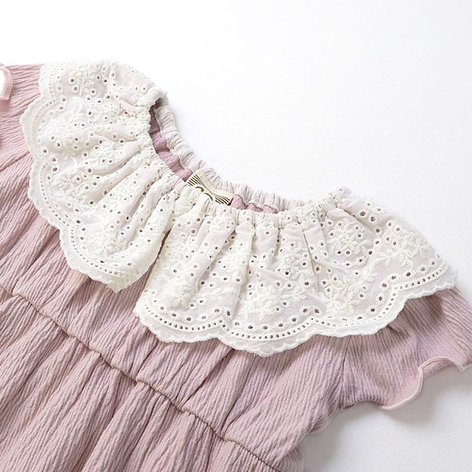 日本 ZOOLAND - 清爽楊柳 蕾絲領木耳短袖洋裝-米杏