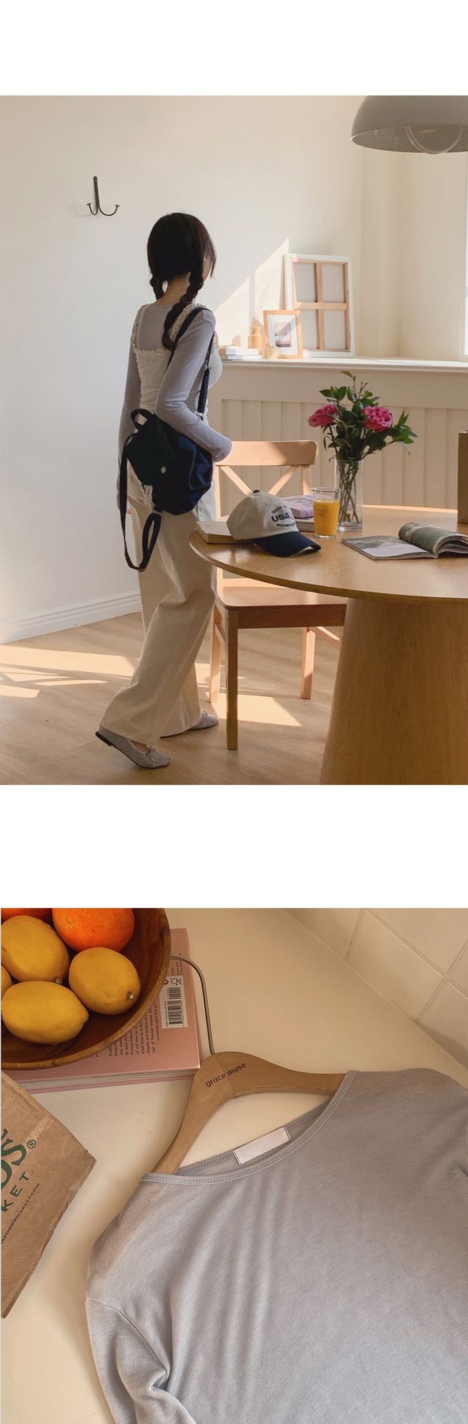 韓國女裝代購 - 換季必備！極簡薄透長袖上衣-灰藍 (FREE)