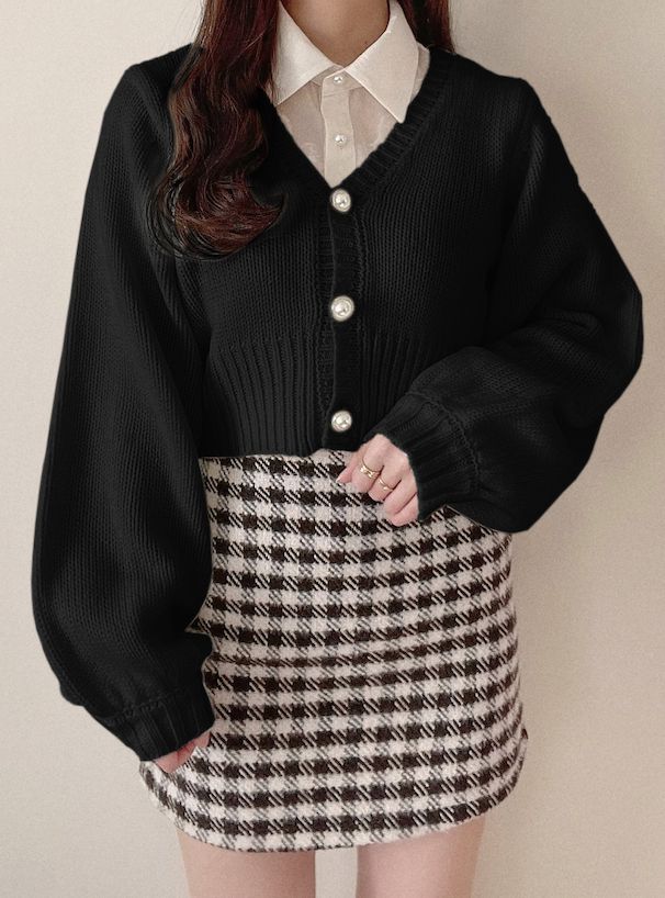 日本 GRL - 公主珍珠釦泡泡袖針織外套-天使白 (F)