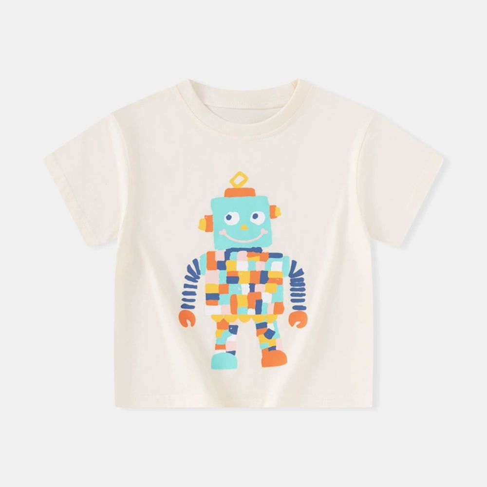 純棉短袖上衣-格子機器人-米杏