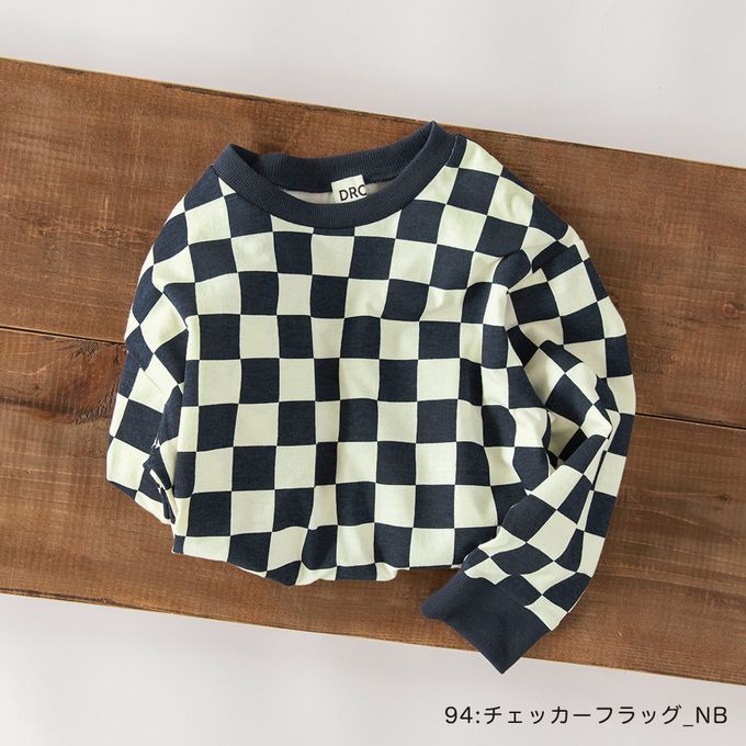 日本 BRANSHES - 100%棉 百搭印花縮口長袖上衣-格子-黑X白