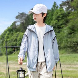babybody - UPF50+原紗防曬連帽外套-黑滾邊-藍色