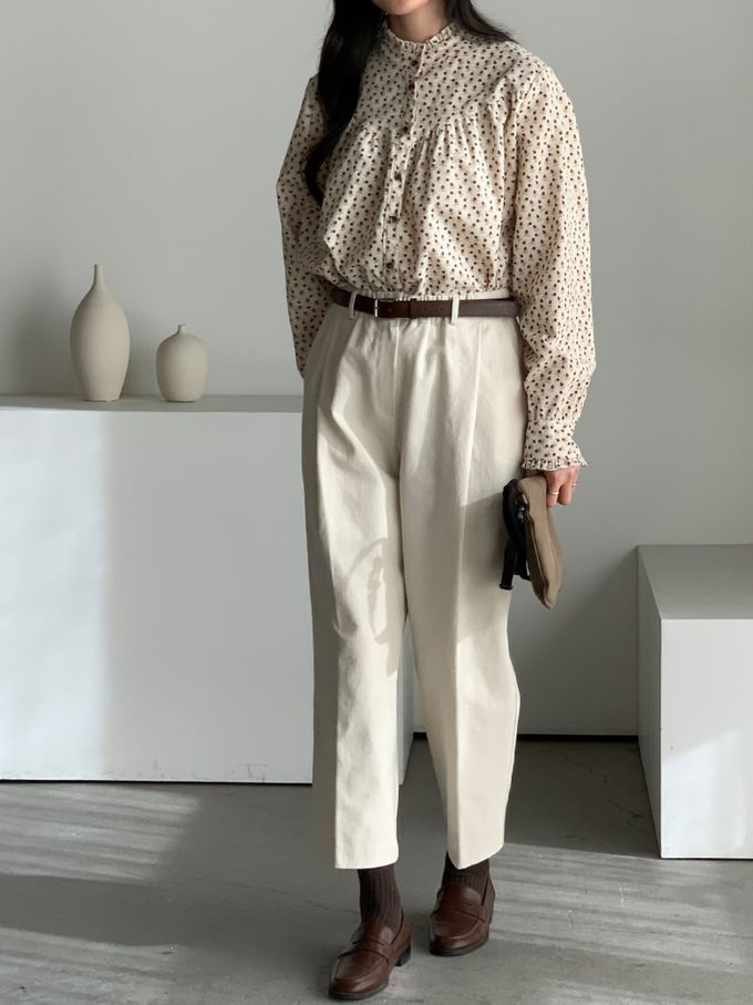 韓國女裝連線 - 滿版小花朵燈芯絨長袖襯衫-米 (FREE)