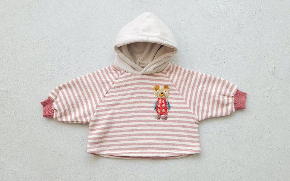 韓國 Mimico - (裏起毛)立體熊熊條紋連帽T-暗粉