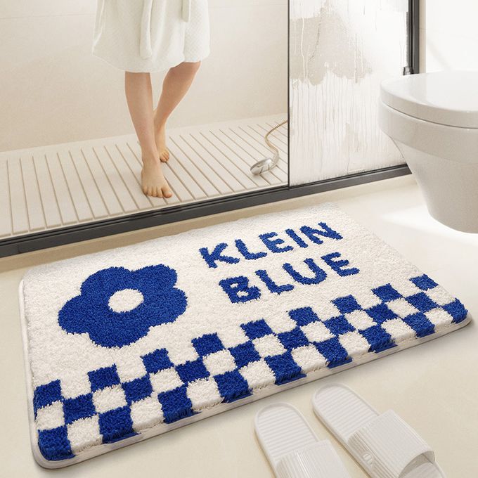 快速吸水植絨洗手台腳踏墊-格紋+花花-藍+白 (40x80cm)