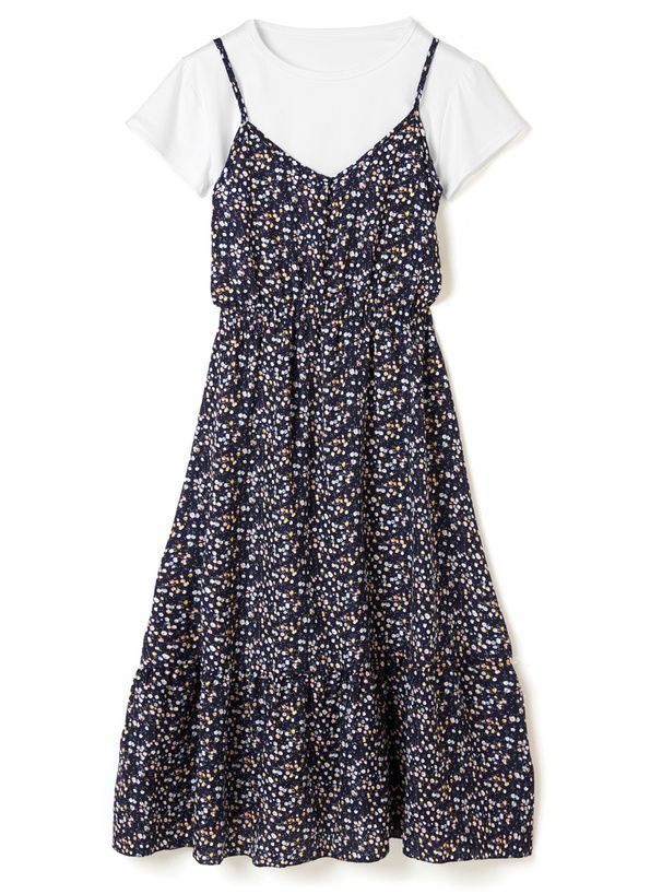 日本 GRL - 短袖上衣x浪漫碎花收腰吊帶裙2件組-丁香紫 (M)