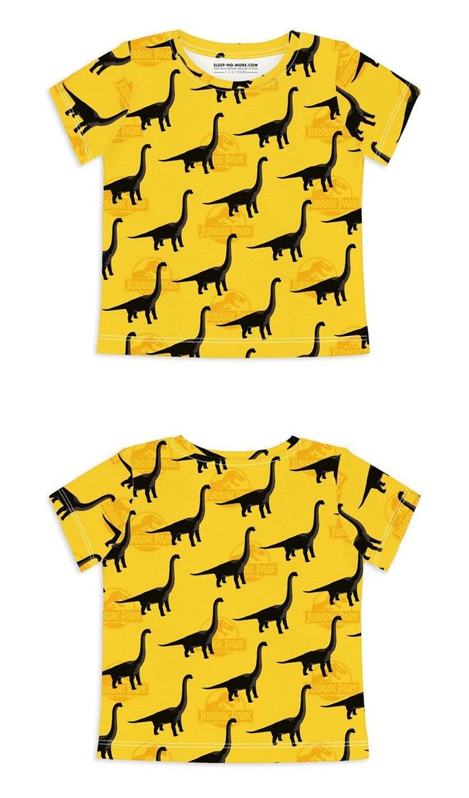 英國 SLEEP NO MORE - 100% 有機棉兒童短袖上衣-侏儸紀公園/黃底雷龍